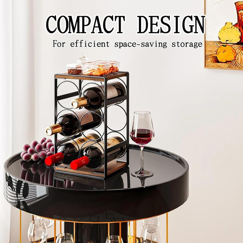 SUOERNUO Wood Countertop Wine Rack No Assembly Needed 6-Bottle Capacity Black & Rustic Brown Metal & Wood Construction Rust-Resistant Powder Coating Freestanding Storage Solution