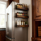 Magnetic Refrigerator Organizer Shelf｜No Drill Fridge Side Spice Rack｜Carbon Steel Magnetic Storage with Wood-Grain Look｜Strong Hold Space Saving Kitchen Organizer for Small Kitchens
