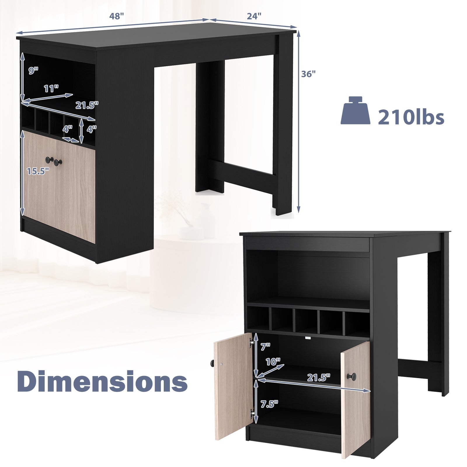 48 Inch Bar Table with Storage Cabinet and Wine Rack-Black