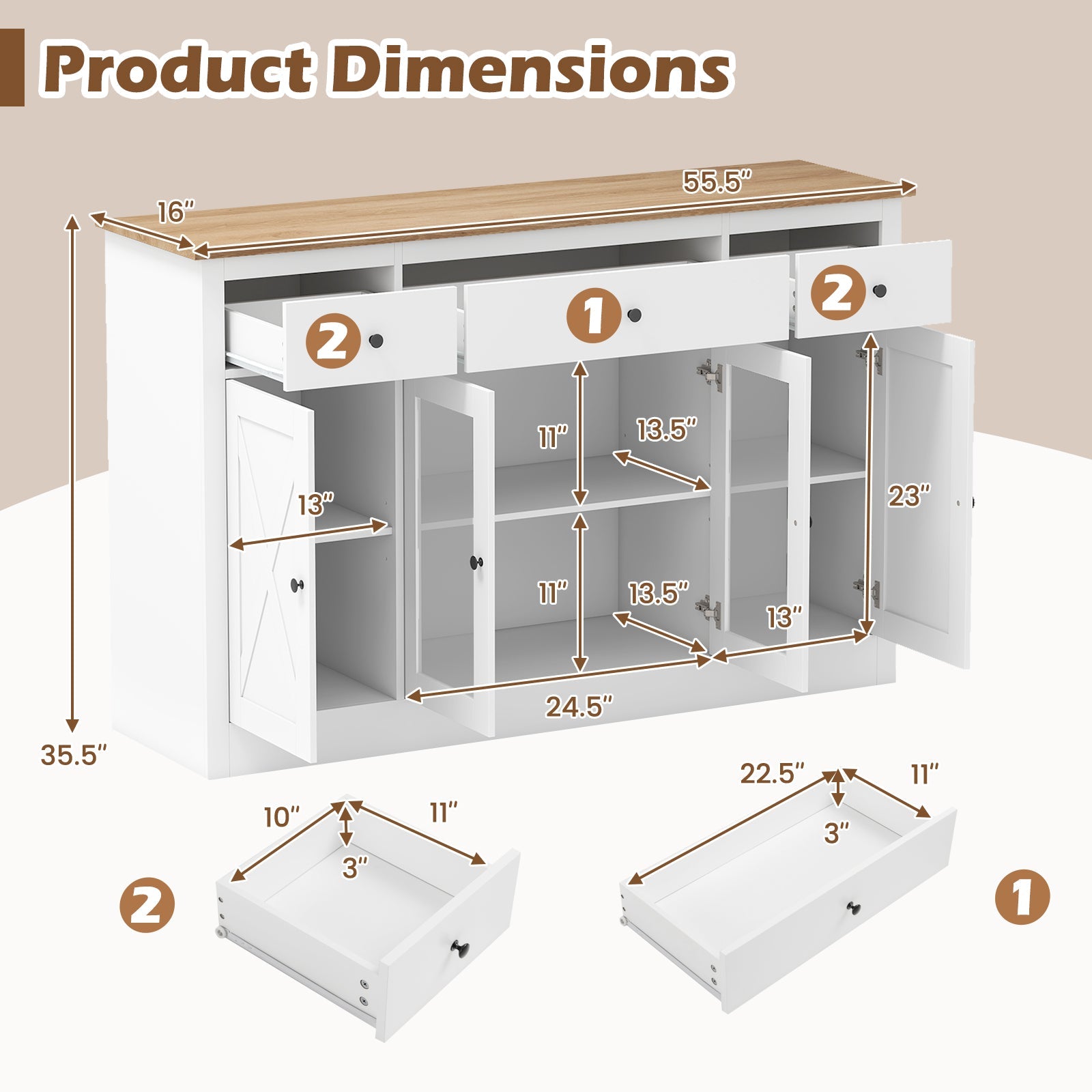 55" Large Buffet Sideboard Kitchen Storage Cabinet with 3 Drawers 2 See-through Doors Adjustable Shelves Wine Bar Table