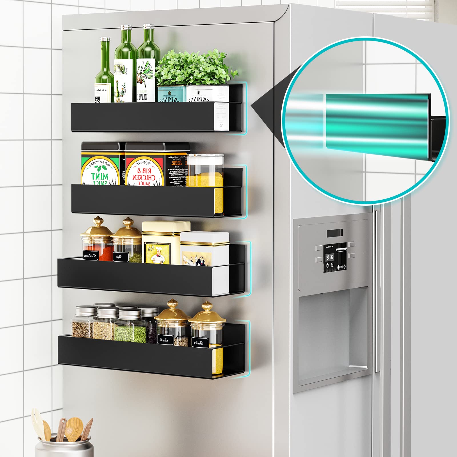 4 Pack Moveable Fridge Magnetic Spice Racks, Metal - Black