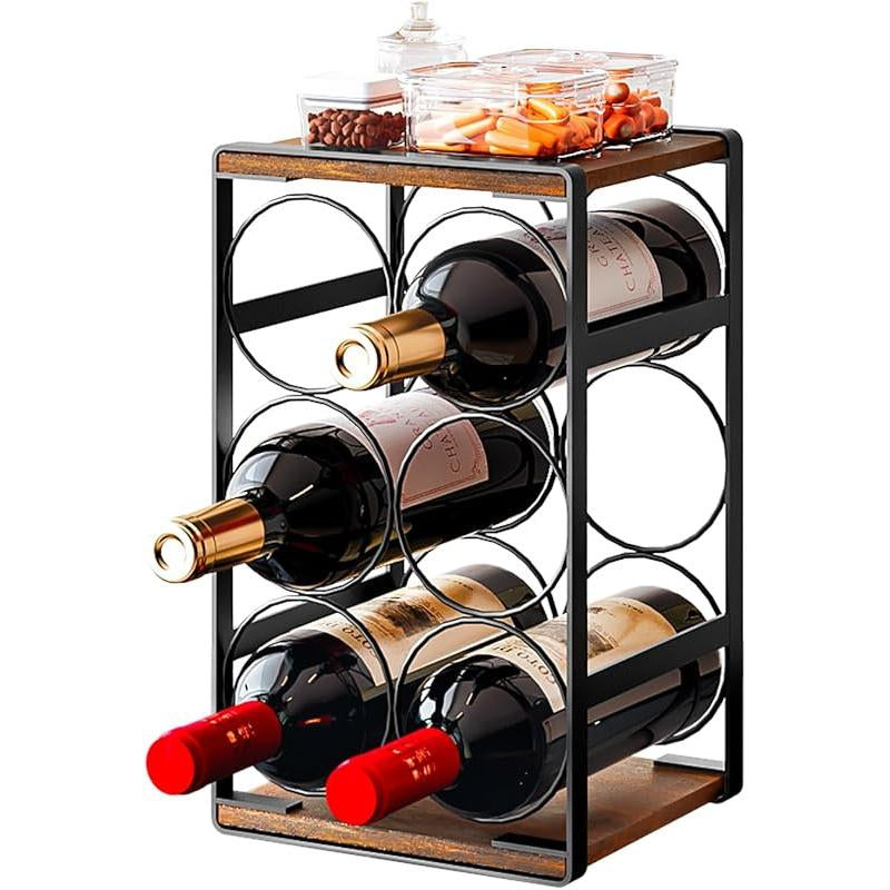 SUOERNUO Wood Countertop Wine Rack No Assembly Needed 6-Bottle Capacity Black & Rustic Brown Metal & Wood Construction Rust-Resistant Powder Coating Freestanding Storage Solution