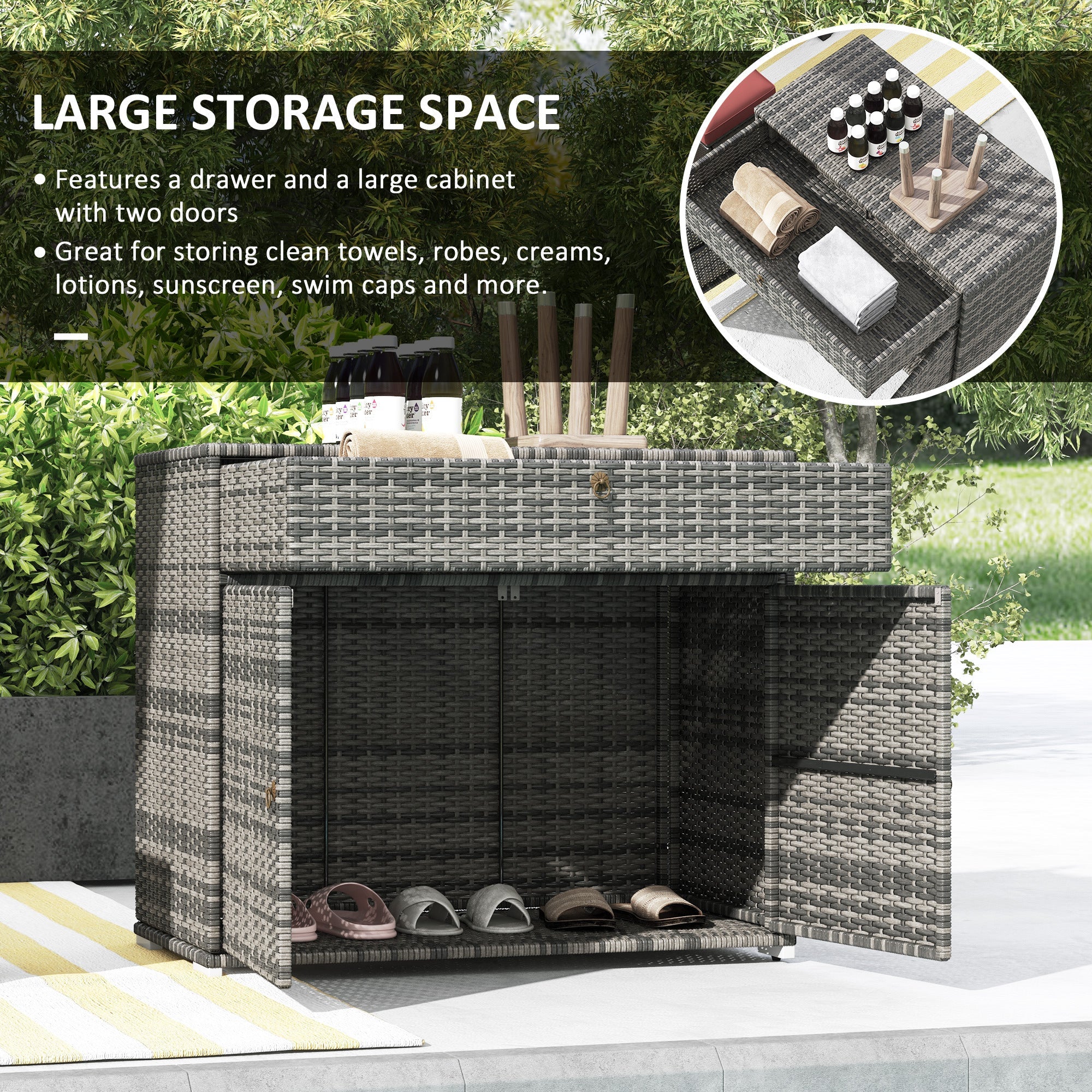 Outdoor Towel Rack and Pool Toy Cabinet, Hot Tub Accessory Storage, Freestanding