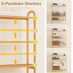 3-Tier Bamboo Bathroom Floor Organizer with 5-Position Shelves and 3 Hooks-Natural
