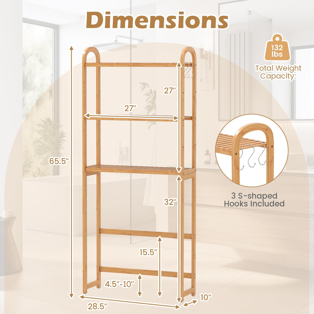 3-Tier Bamboo Bathroom Floor Organizer with 5-Position Shelves and 3 Hooks-Natural