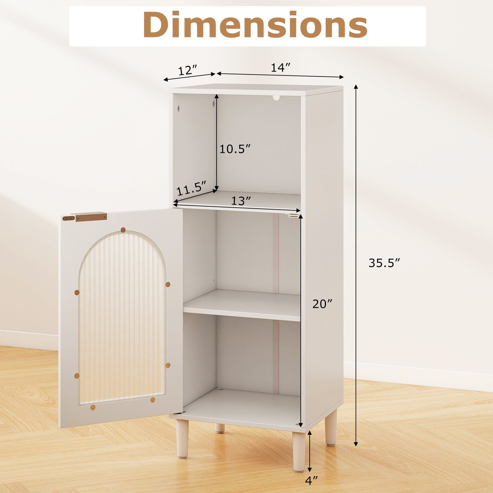 Bathroom Floor Cabinet Wood Side Storage Organizer with Adjustable Shelf-White