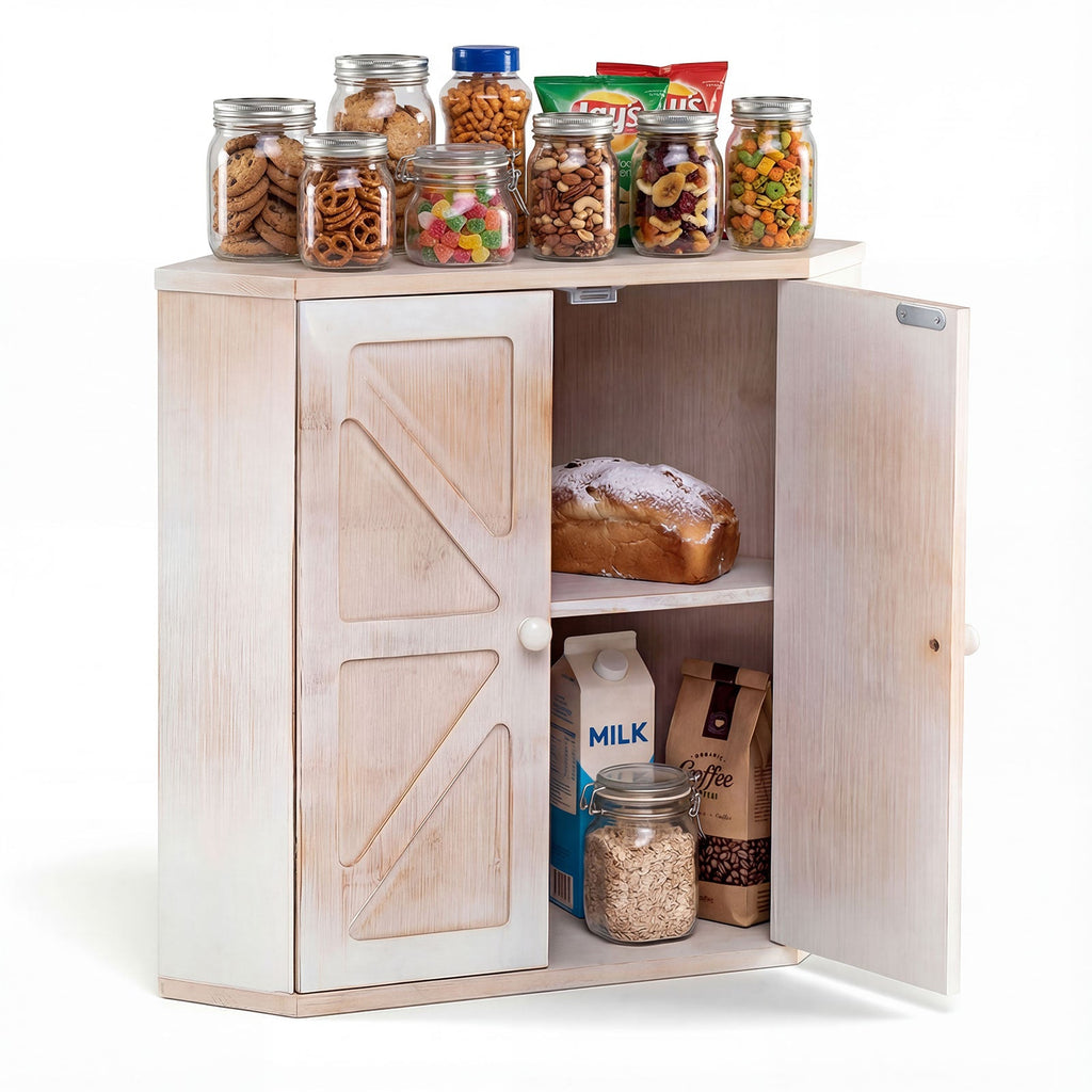 Corner Bread Box for Kitchen Counter Bamboo Double Layer Breadbox Organizer-White