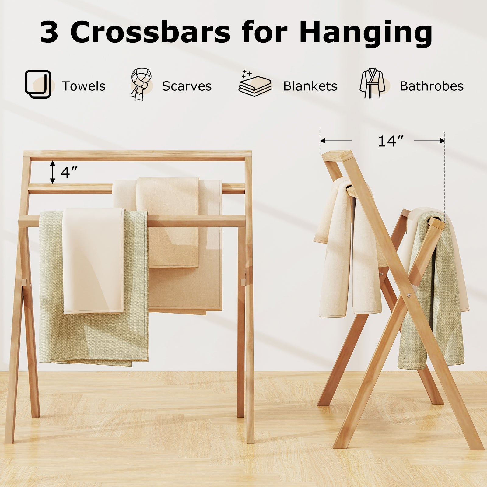 Freestanding Foldable Teak Wood Towel Rack with 3 Hanging Crossbars