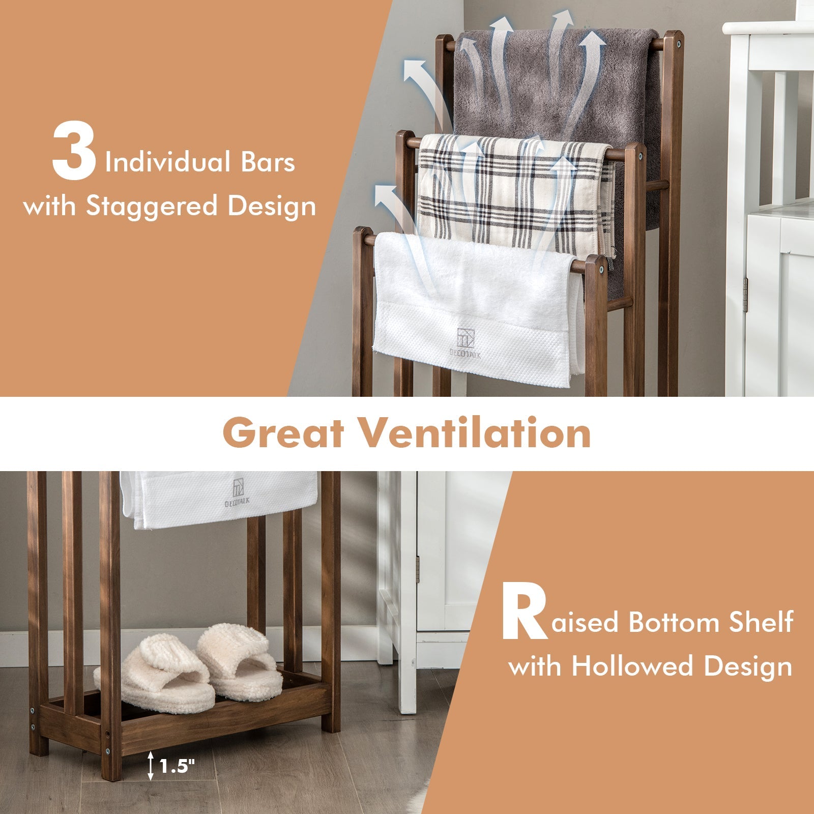 Freestanding Towel Rack 3-Bar Hand Towel Drying Stand with Bottom Storage Shelf