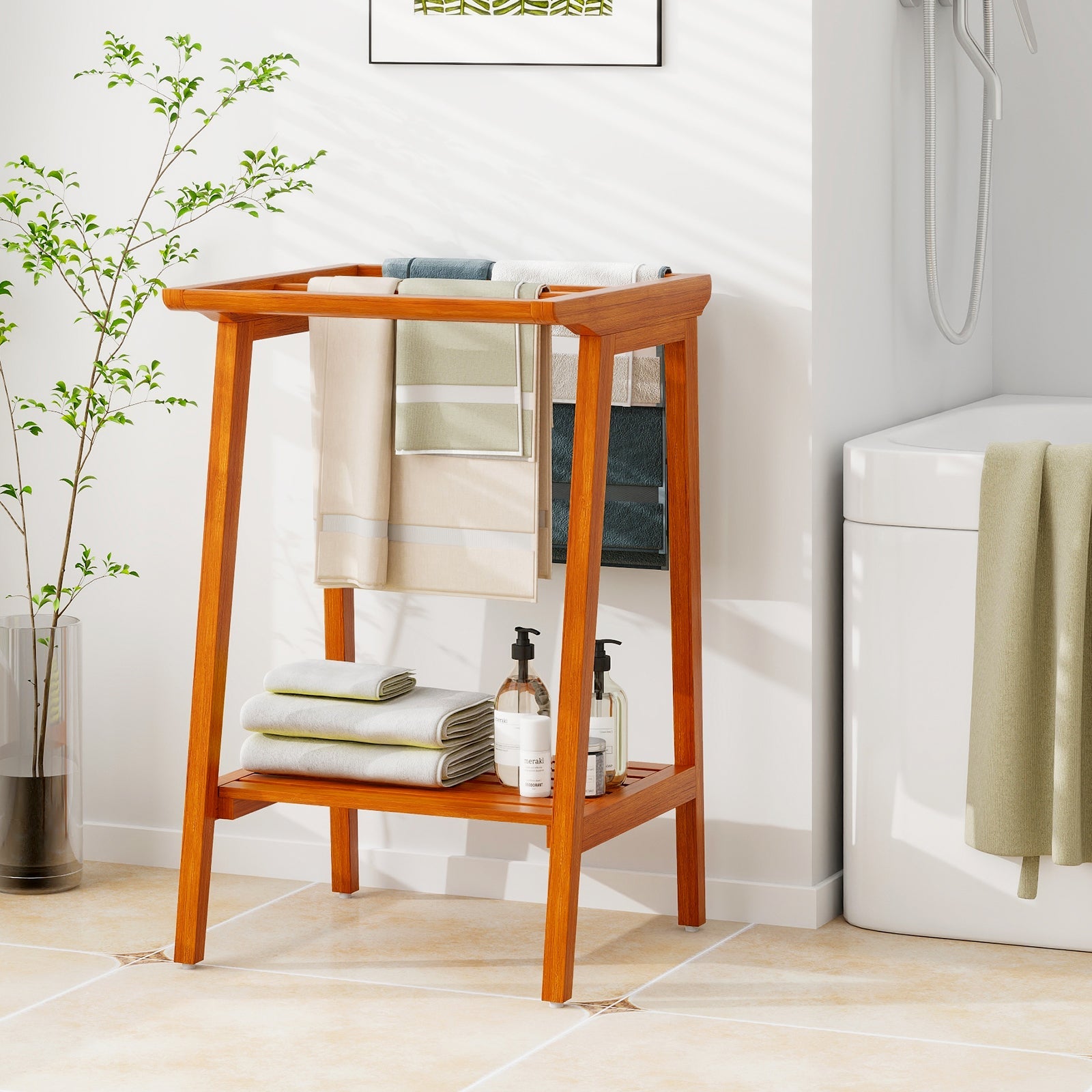 Freestanding Towel Rack with Storage Shelf for Bathroom