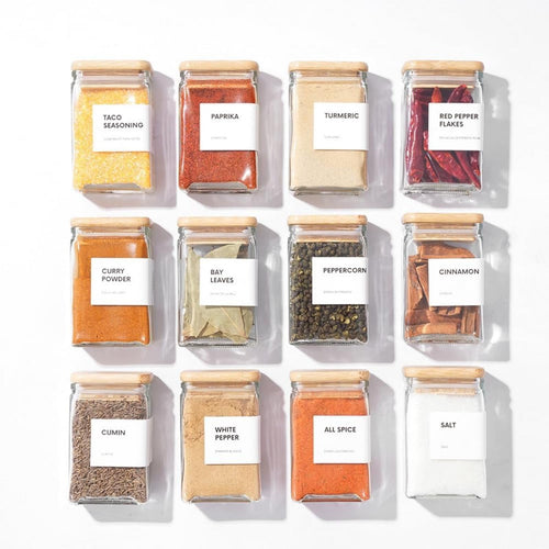 12-Piece Square Glass Spice Jars w/ Airtight Bamboo Lids