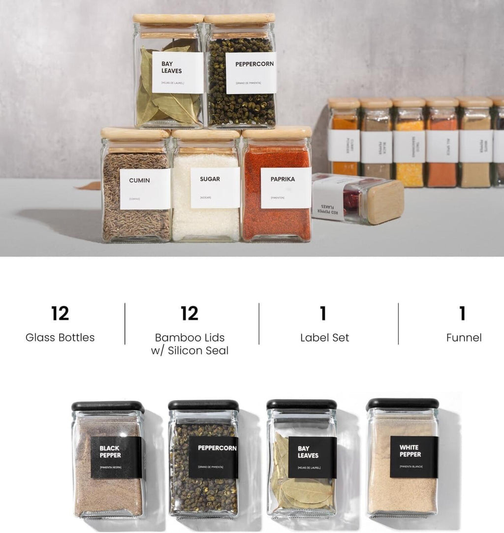 12-Piece Square Glass Spice Jars w/ Airtight Bamboo Lids