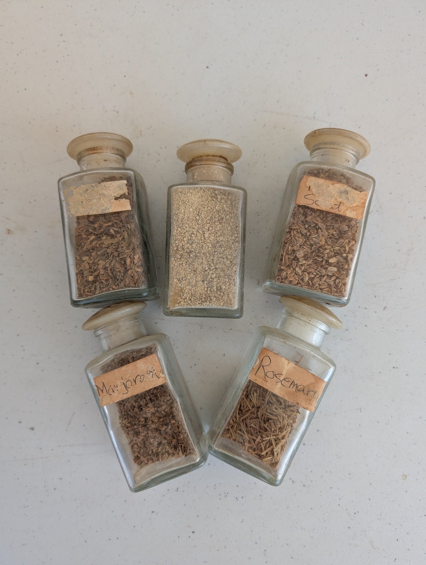 Spice Jar Bottles Containers set of five - Vintage Cork Top Clear Glass