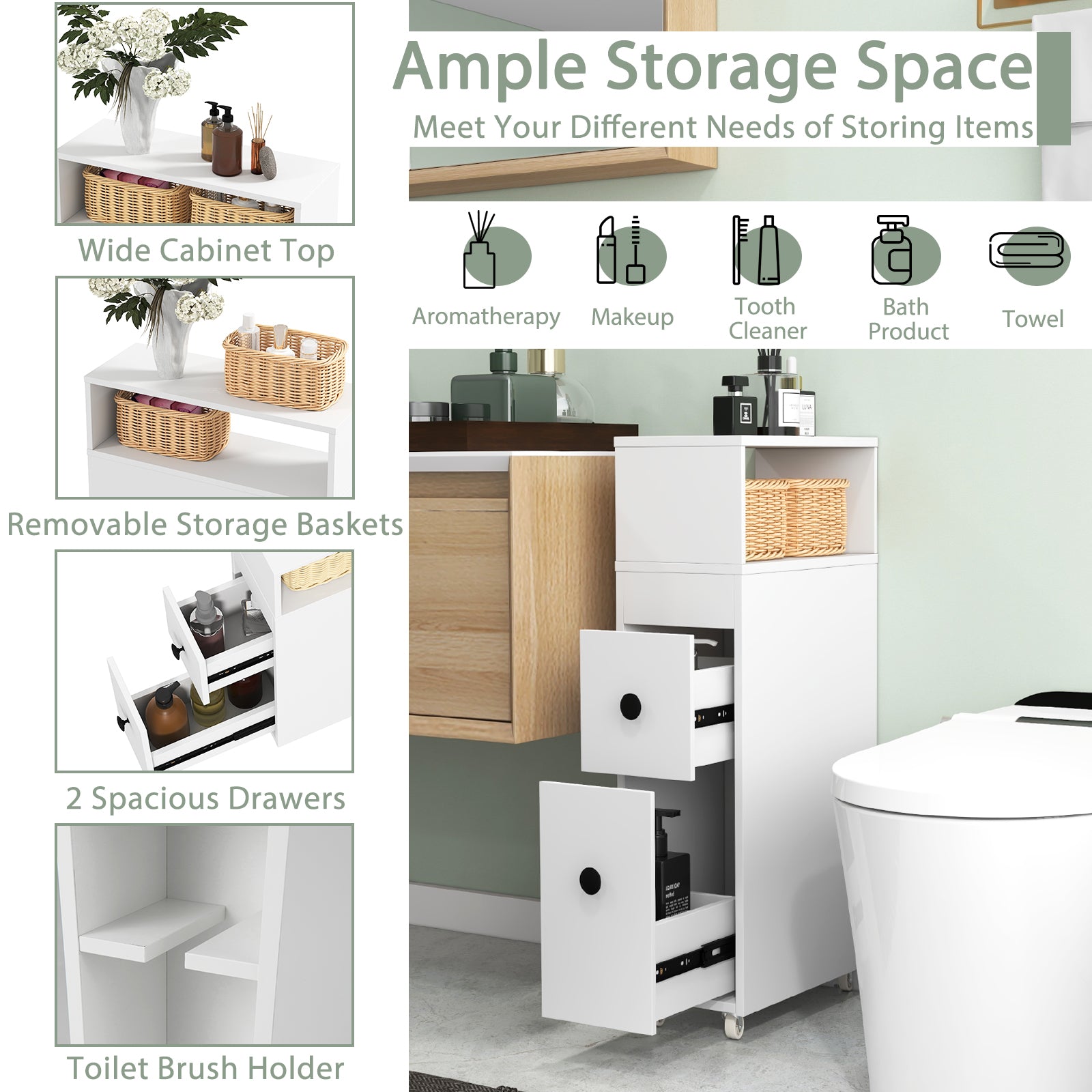 Slim Bathroom Cabinet Wooden Toilet Organizer with Deep Slide Out Drawers