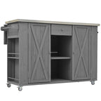 Outdoor Kitchen Island Fir Wood Kitchen Island with Stainless Steel Top, Ample Storage, Towel and Spice Racks, Bottle Opener, Grey