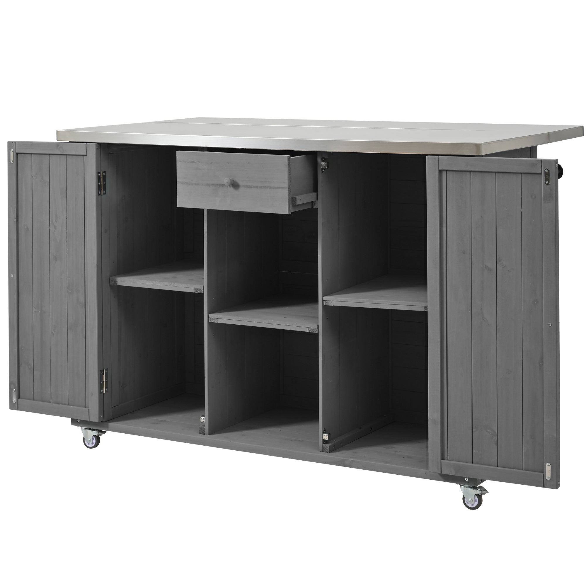 Outdoor Kitchen Island Fir Wood Kitchen Island with Stainless Steel Top, Ample Storage, Towel and Spice Racks, Bottle Opener, Grey