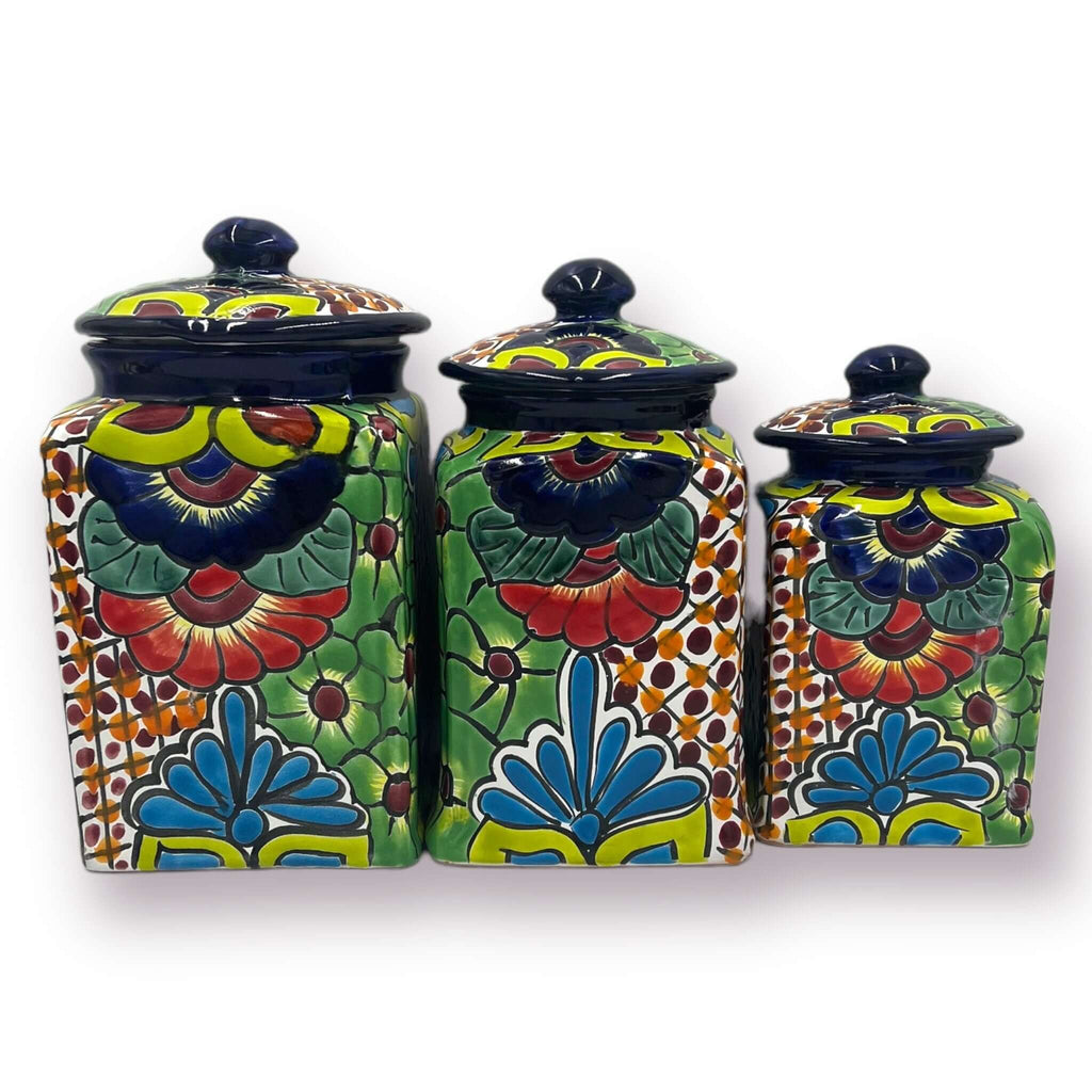 Blue Rim Talavera Canister Set | Multicolor Mexican Pottery Jars