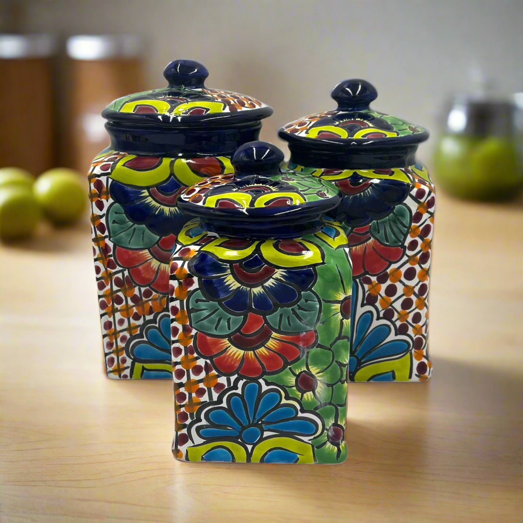 Blue Rim Talavera Canister Set | Multicolor Mexican Pottery Jars