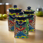 Blue Rim Talavera Canister Set | Multicolor Mexican Pottery Jars