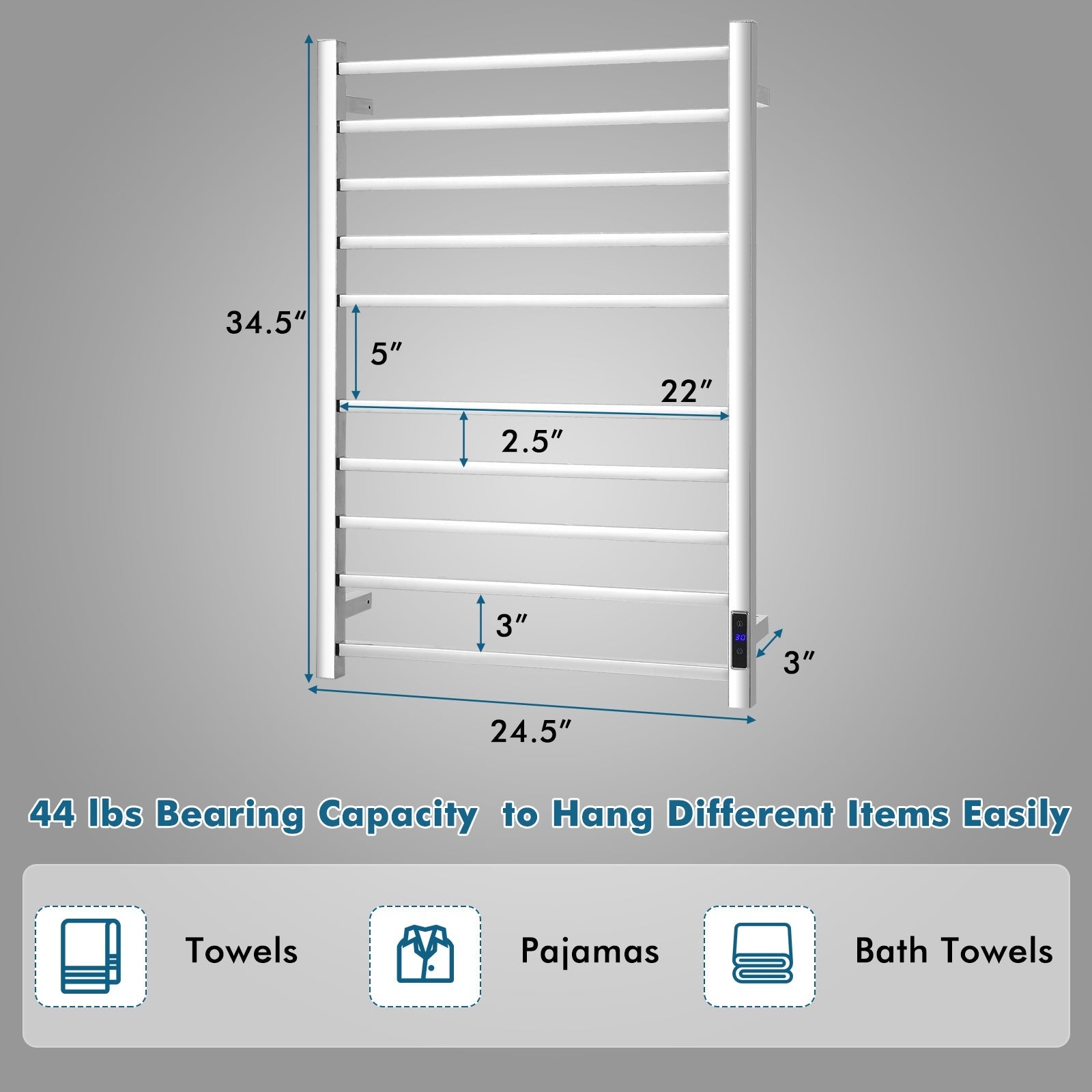 10 Bar Towel Warmer Wall Mounted Electric Heated Towel Rack with Built-in Timer-Silver