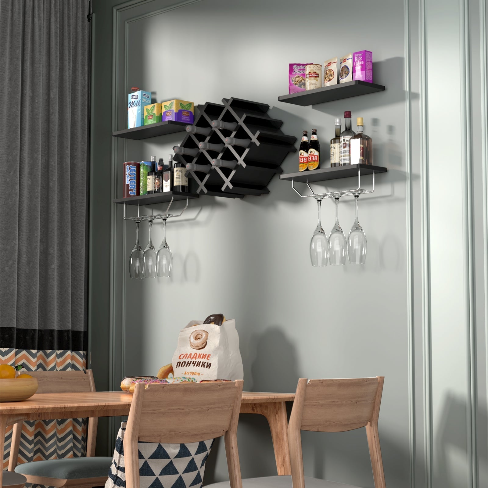 Set of 5 Wall Mount Wine Rack Set with Storage Shelves