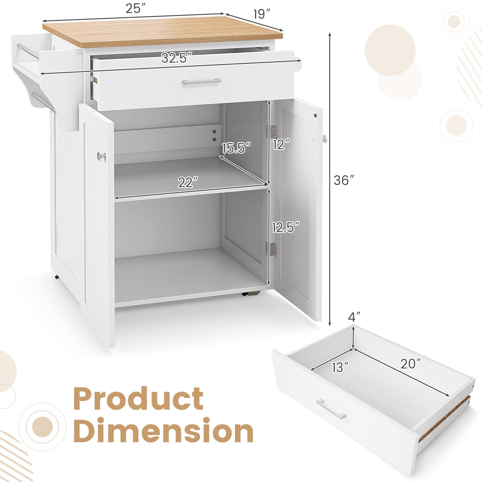 Utility Rolling Storage Cabinet Kitchen Island Cart with Spice Rack