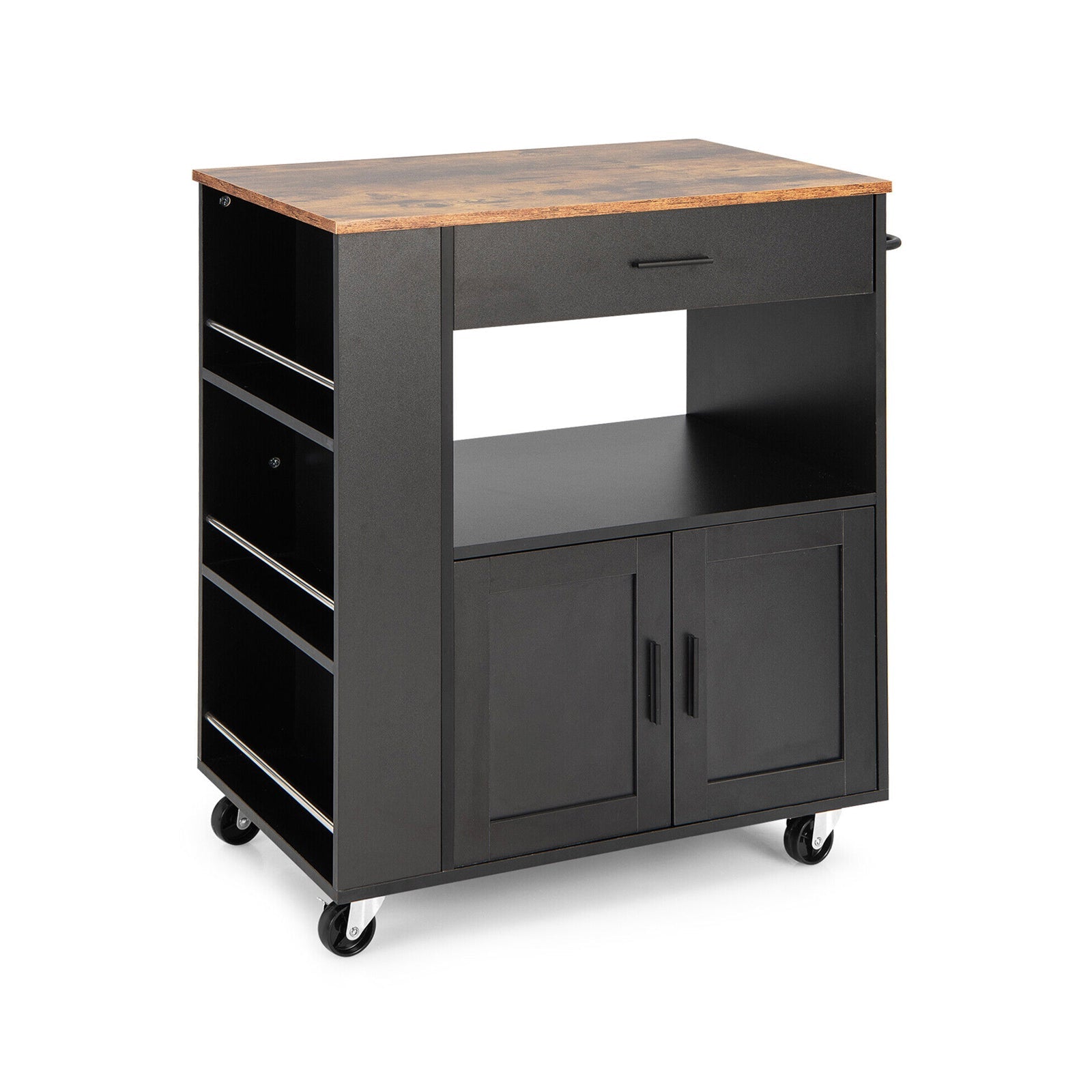 Rolling Kitchen Trolley with 3 Spice Racks Drawer and Open Shelf